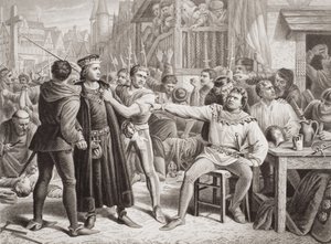 Lord Saye a Sele předvedeni před Jacka Cadea, 4. července 1450, z knihy "Ilustrace k anglickým a skotským dějinám", I. díl (rytina) od Charles (after) Lucy