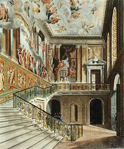 Velké schodiště v paláci Hampton Court z Pyneovy knihy "Královská sídla", kterou vyryl Richard Reeve (nar. 1780) a která byla vydána v roce 1819 (rytina)