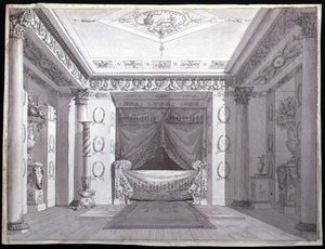 Design pro empírovou ložnici, cca 1810 (pero, inkoust a akvarel na papíře) od Charles (attr. to) Percier