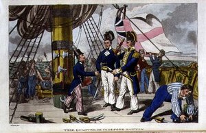 Čtvrtletní paluba před bitvou, deska z „Dobrodružství Johnnyho Newcome in the Navy“ od Johna Mitforda (1782-1831) 1818 (litho)