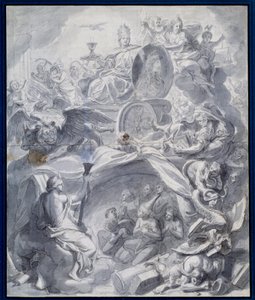 Alegorie: ""Vítězná církev kacířství aneb Triumf náboženství"" Kresba kvaše a mytí dílny Charlese Lebruna (Le Brun) (1619-1690) Paříž 17. století, Musee du Louvre od Charles (studio of ) Le Brun