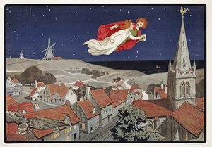Peter a Wendy Flying from Peter Pan od J M Barrie (1860 - 1937), pub.1904 (barevné lito)