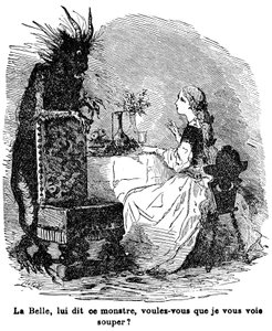 Ilustrace k příběhu paní Jeanne Marie Leprince de Beaumont „Kráska a Bete“, 19. století od Charles Albert dArnoux Bertall