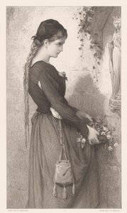 Mladá žena přináší květiny do výklenku se sochou Marie Marguerite (titul na předmětu) od Charles Alphonse Deblois