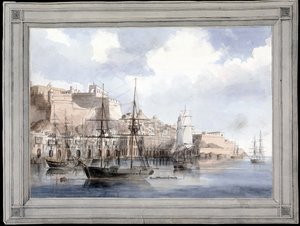Vue de Malte (View at Malta) (velký přístav Valletta s Fort Sant Angelo) - Malba Charlese Andrewa Dyce (1816-1853), akvarel na papíře (25,1 x 34,9 cm), cca 1849 - Yale University (USA) od Charles Andrew Dyce