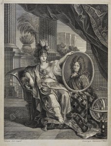 Ludvík XIV. (1638-1715), francouzský král, ochránce věd - rytina Antoina Coypela v „History of the Royal Academy of Sciences““ 1703 od Charles Antoine (after) Coypel