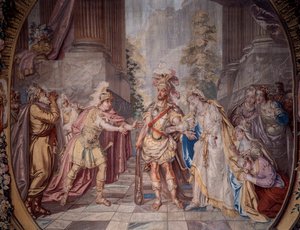 Scénografie: “” Alceste”” Znázornění scény 4. dějství opery Philippa Quinaulta (1635-1688) zhudebněné Jeanem Baptistem Lullym (Giovanni Battista Lulli) (1632-1687). Detail tapisérie od Charlese Antoina Coypela (1694-1752) 1764 vyrobené v Mi od Charles Antoine (after) Coypel