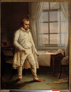 Portrét Napoleona I. (1769-1821) a Sainte Helene v kuse v Longwoodu diktujícím jeho památníky Malba Charlese Auguste Steubena (1788-1856) 1820 Sun. 0,62 x 0,51 m Ile D