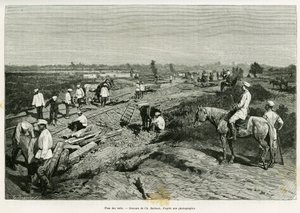 Pokládání transkaspických kolejí. Rytina Ch. Barbant k ilustraci příběhu Voyage a Merv od Edgara Boulangera v le tour du monde 1887, režie Edouard Charton (1807-1890), Hachette, Paříž. od Charles Barbant