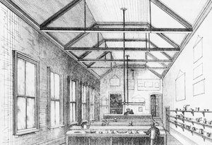 Chemická laboratoř, Dulwich College, cca 1870 (litografie)