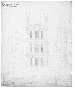 „Studie v alžbětinském stylu“, kresba pro sněmovnu parlamentu, cca 1836-40 (pero a inkoust na papíře)