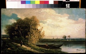"La berge"" (Pobřeží) Krajina u řeky s rybářem a rolnicí. Obraz Charles Barthelemy Jean Durupt (1804-1838) Muzeum umění Michaila Krošitského z 19. století, Sevastopol (Sevastopol) Ukrajina od Charles Barthelemy Durupt