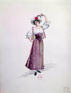 Kostým mladé ženy (Nedda nebo Colombine?) pro operu “” Paillasse”” (komedianti, klauni) od Ruggera Leoncavalla (1857-1919) z roku 1892. Akvarel od Charlese Bianchiniho (1860-1905)