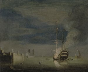 Dvoupatrový požár v noci z pevnosti, kolem roku 1740 (olej na plátně) od Charles Brooking