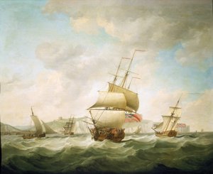 Obchodní loď a královská jachta se bijí ve větru u pobřeží Doveru (Anglie). Olej na plátně, kolem roku 1750, autor Charles Brooking (1723-1759). od Charles Brooking