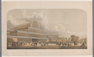 Podívejte se na Crystal Palace Transept (vnější pohled) průmyslového paláce, z brány Prince of Wales (název na objektu)