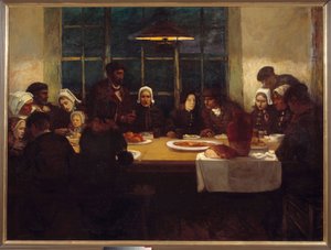 Jídlo na rozloučenou v zemi mořské bretonské rodiny se sešlo u stolu. Centrální panel triptyqye od Charlese Cotteta (1863-1924). 1898 ne. 1,76x2,37 m Paříž, musee d
