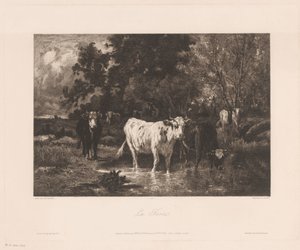 Krajina s krávami na okraji lesa La Forêt (název na objektu) od Charles Courtry