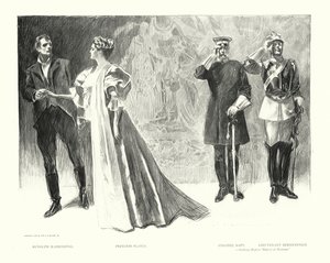 Rudolf Rassendyll, princezna Flavia, plukovník Sapt, poručík Bernenstein (litografie) od Charles Dana Gibson