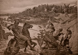 Caesar překračuje Temži, ilustrace z „Hutchinsonova příběhu britského národa“, kolem roku 1920