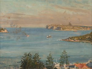 Pohled směrem k Sydney Heads ze severu města (olej na palubě) od Charles David Jones Bryant