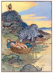 "Faustulus, královský pastýř, když šel kolem, viděl, že je olizuje jazykem" (barevná litografie)