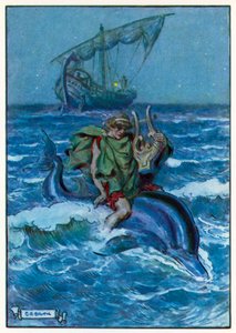 Zjistil, že sedí na velké černé rybě (barevná litografie) od Charles Edmund (after) Brock