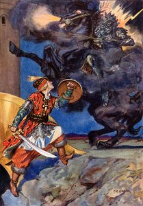 "Přišel jsem bojovat proti tobě, lupiči mé milované" (barevná litografie) od Charles Edmund (after) Brock