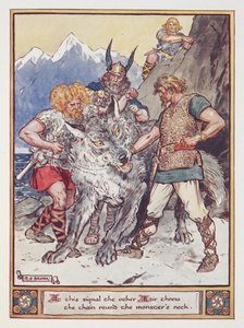 "Na tento signál hodil druhý Esir řetěz netvorovi kolem krku." Tyr slibuje, že připoutá vlka Fenrira, ilustrace z 