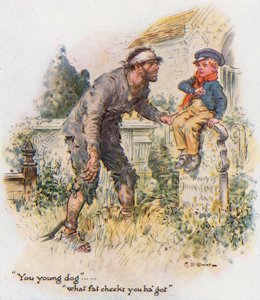 Velká očekávání, Pip narazí na trestance na hřbitově od Charles Edmund Brock