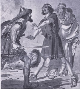 Coesusův život zachráněný jeho smrtí a němým synem, z My Magazine, pub. 1922 (litho) od Charles Edmund Brock