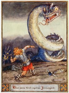 „Thor vyrazil proti Jormungandovi“, ilustrace z „Hrdinové z Asgardu, příběhy ze skandinávské mytologie“, od A und E Keary, 1930