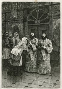Pritres líbající svaté obrázky, rytina Ch. Delort, pro ilustraci plavby Henri Belle do Řecka v letech 1861, 1868 a 1874, publikovaná v tour du monde pod vedením Edouarda Chartona od Charles Edouard Delort