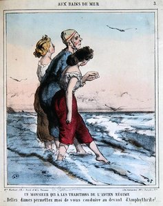 Tradiční muž doprovázející dvě mladé dámy ke koupeli v moři, cca 1850-70 (barva litho)