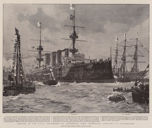 Návrat námořních obránců Ladysmith, HMS Powerful připlouvající do Portsmouthu