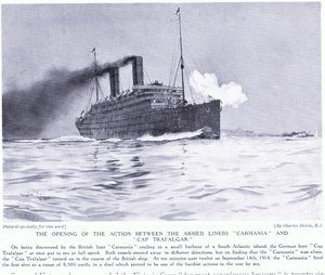 Zahajovací akce mezi ozbrojenými parníky Carmania a Cap Trafalgar, jižní Atlantik, září 1915 od Charles Edward Dixon