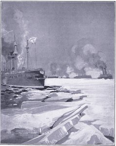 Vladivostocká eskadra se prodírá ledem z přístavu Vladivostok, ilustrace z knihy Cassells History of the Russo-Japanese War Vol. 1, cca 1900. od Charles Edward Dixon
