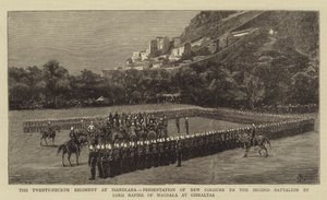 Dvacátý čtvrtý pluk v Isandlaně, představení nových barev druhému praporu lordem Napierem z Magdaly na Gibraltaru od Charles Edwin Fripp