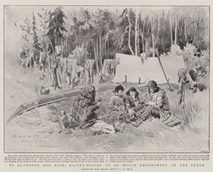 Na Klondyke a zpět, košíkářství v indickém tábořišti na Yukonu (litho) od Charles Edwin Fripp
