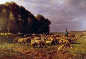 Stádo ovcí v krajině aneb „Pastýř pohánějící stádo ovcí v rovině““ Malba Charlese Jacquea (1813-1894) Slunce 19. století. 1,76x2,8m