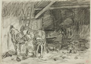 Interiér kovárny (recto); muž v předklonu, pohled ze čtení (verso) od Charles Emile Jacque
