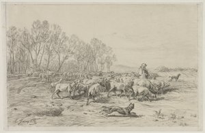 Krajina se stádem ovcí, 19. století. od Charles Emile Jacque
