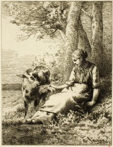 Pastýř se stádem ovcí na okraji dřeva od Charles Emile Jacque