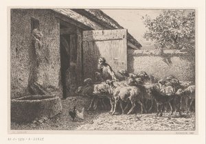 Žena vedoucí ovce do stáje Bergerie od Charles Emile Jacque
