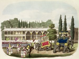 Palác Tippoo Sahib (1749-99) vyrytý Thomasem Hallem pro „Orientální kresby“, hospoda. 1806 (akvatinta)