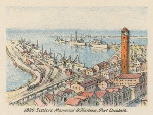 Jižní Afrika: Památník osadníků a přístav, Port Elizabeth, 1820 (barevná litografie) od Charles Ernest Peers
