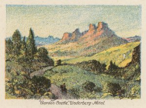 Jižní Afrika: "Garden Castle", Underberg, Natal (barevná litografie)