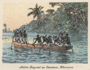 Jihoafrická republika: Domorodý dug-out na Zambesi, Rhodesie (barevná litografie) od Charles Ernest Peers