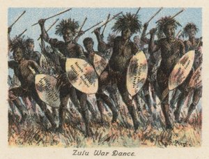 Jihoafrická republika: Válečný tanec Zuluů (barevná litografie) od Charles Ernest Peers