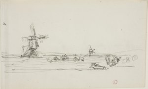 Krajina v Holandsku (recto); skica větrných mlýnů u vody (verso) od Charles Francois Daubigny
